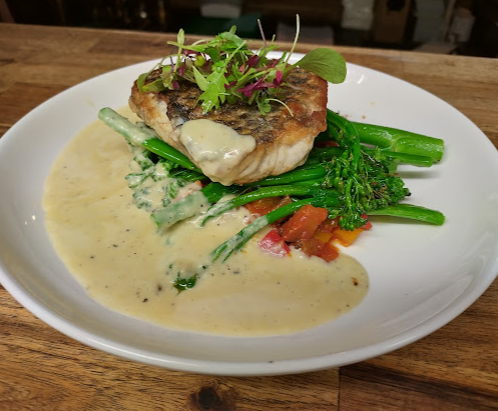 Pan Fried Barramundi with ratatouille, broccolini and sauce soubise