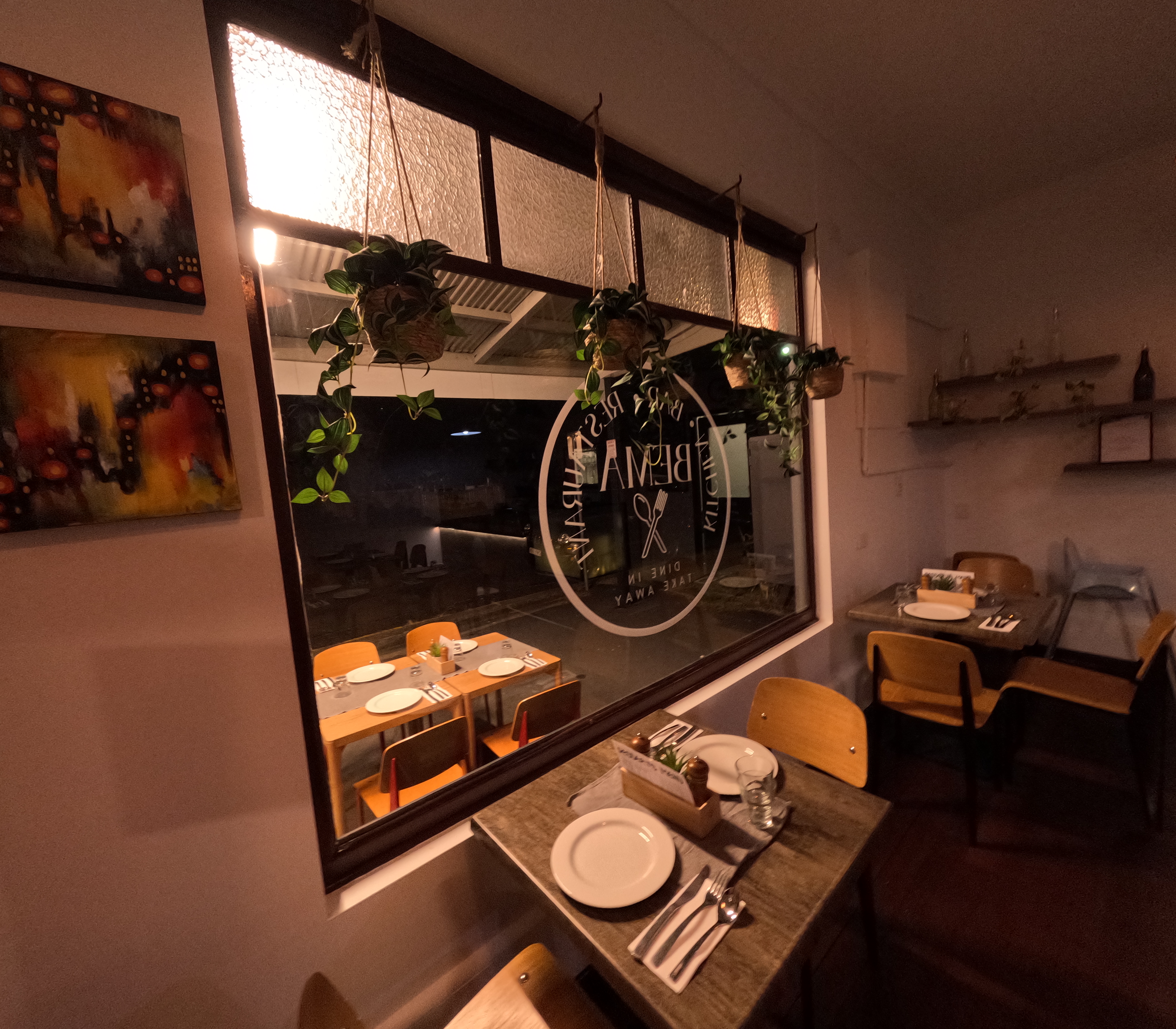 Bema Kitchen interior window with hanging plants