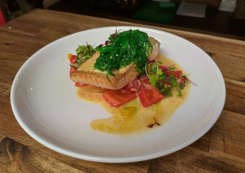 Chilli Glazed Atlantic Salmon with creamy roe sauce and wakame